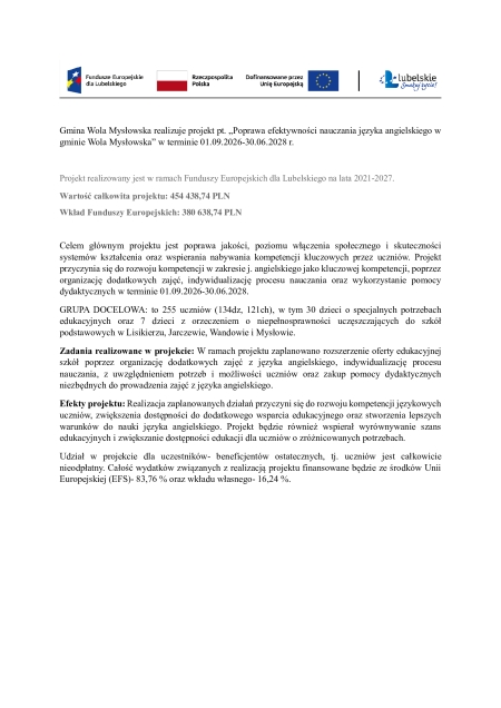 Projekt „Poprawa efektywności nauczania języka angielskiego w gminie Wola Mysłowska”